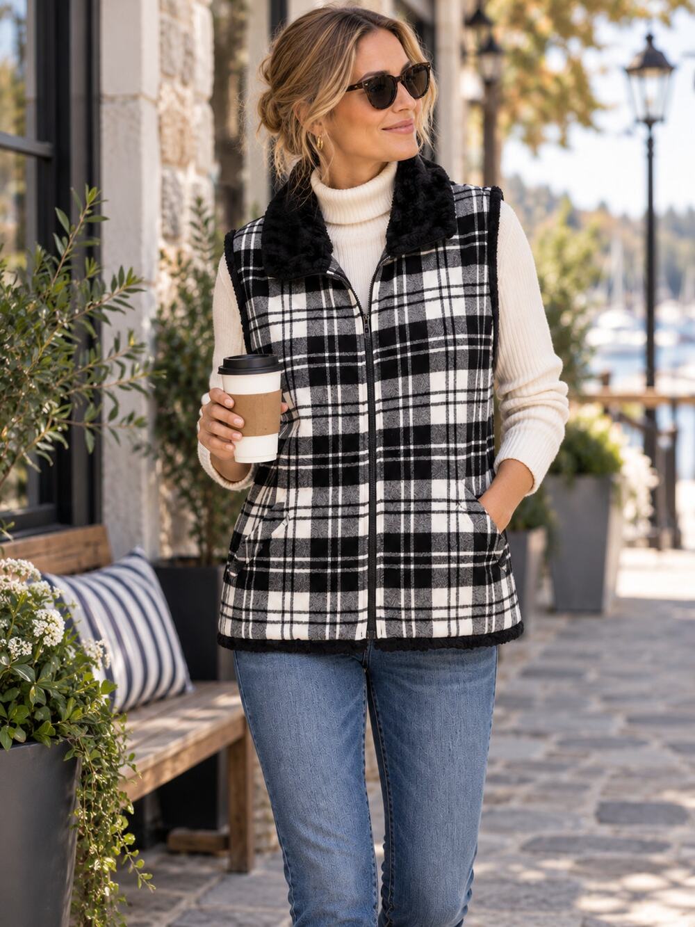 WOOLRICH Black White Moccasin Plaid Wool Sherpa Lined Zip Vest Size Large